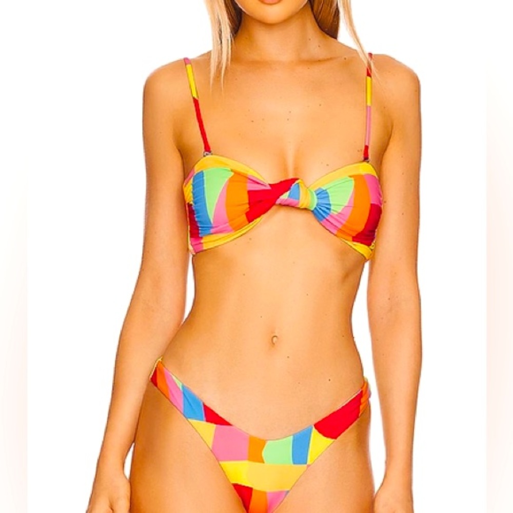 New It's Now Cool x Free People 90s Eco Knot Bandeau Hi-Cut M Red Splice Bikini